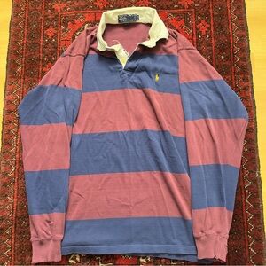 Ralph Lauren Vintage Y2K  Distressed Striped Rugby Shirt - Blue & Maroon Mens XL